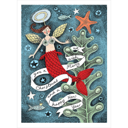 Merry Christmas - Mermaid Angel Themed Christmas Card by Artist Lisa Berkshire, 12.7 x 17.7 cm