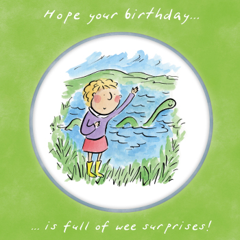 Holy Mackerel Nessie, a Scotland themed Rosie Brooks birthday card, 15cm square, printed in the UK on board from sustainable sources