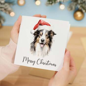 Fun Christmas Card of a Collie Dog Wearing A Santa Hat Whimsical Watercolour Christmas Card For Animal Lover For Him or Her