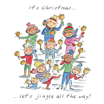 Jingle all the way, a 150mm square festive Christmas greetings card featuring Rosie Brooks artwork, message inside reads Merry Christmas