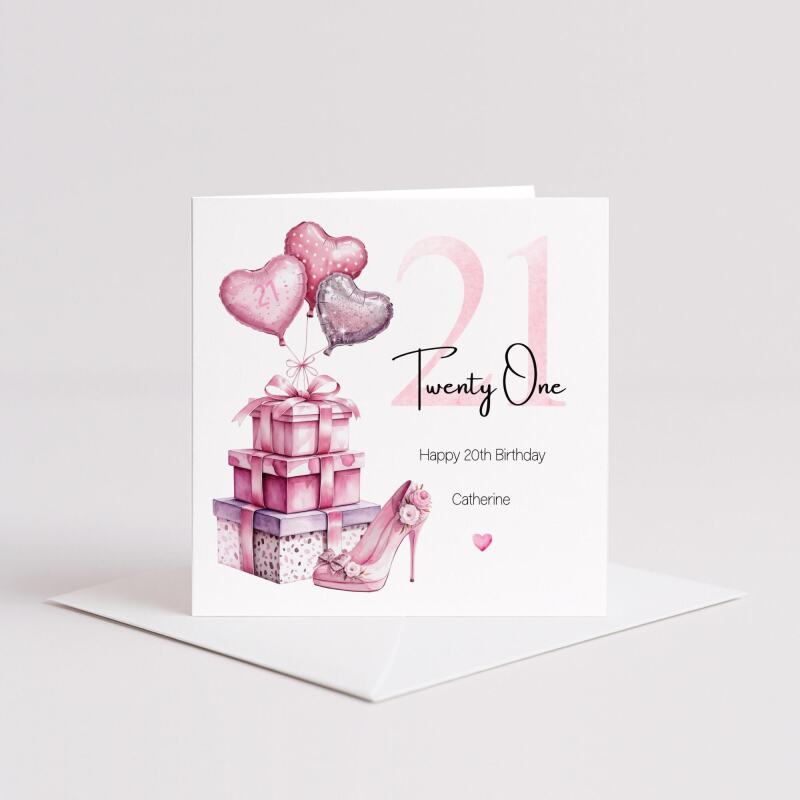 Personalised 21st Birthday Card for Her Pink Heels Balloons Gift Boxes Milestone Greeting Women - Smooth No Message - Kraft Brown