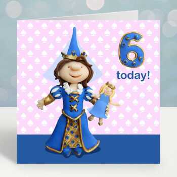 Birthday girl age 6 in a princess costume - child's age birthday - designed by Erica Sturla - 15cm square and blank inside, made in the UK