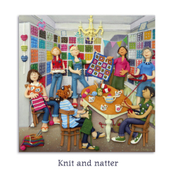 Holy Mackerel knit and natter knitting and crochet themed blank greeting card - designed by artist Erica Sturla - 15cm square and blank inside for your own message