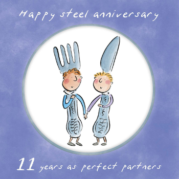 Holy Mackerel same sex LGBTQ+ 11th Steel anniversary card (male) by Rosie Brooks - blank inside - 15cm square