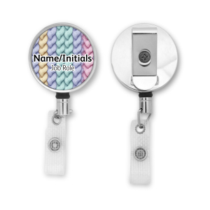 Personalised Metal ID Reel - Pastel Knitted Pattern