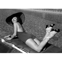 Holy Mackerel poolside retro black and white photographic card featuring a vintage image of a woman at the swimming pool - 12.6 x 17.7cm and blank inside