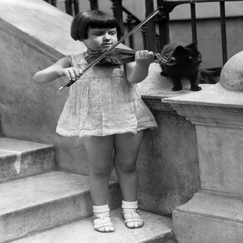 Holy Mackerel Violin and cat retro black and white photographic card featuring a vintage image of a little girl serenading her pet - 12.6 x 17.7cm and blank inside