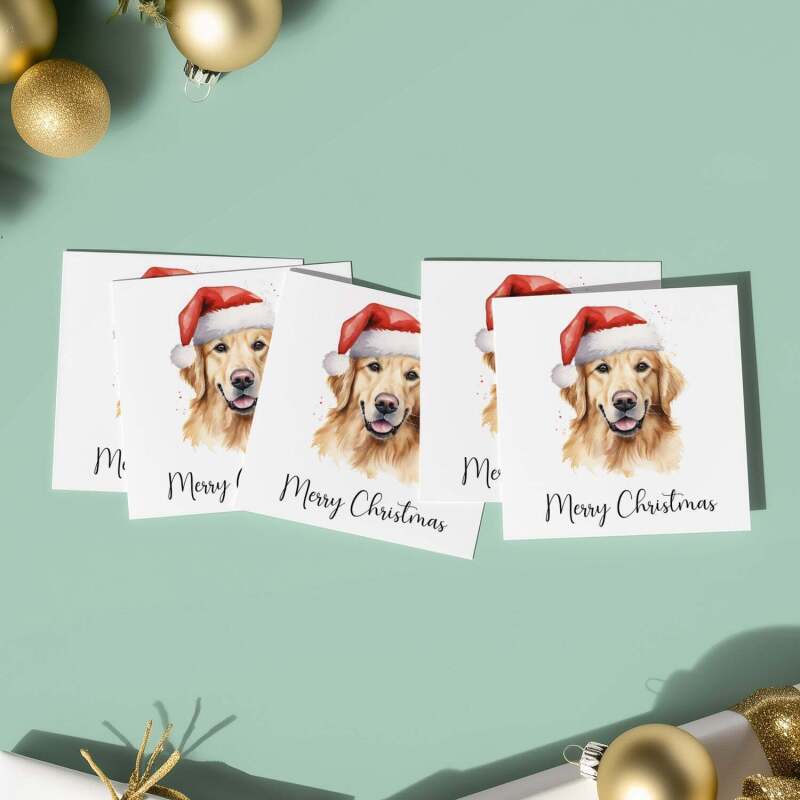 5 x Christmas Card of a Golden Retreiver Wearing A Santa Hat Whimsical Watercolour Christmas Card For Animal Lover For Him or Her - Square (4.7x4.7) / Pack of 5