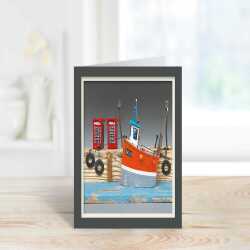 Harbourside - quayside fishing boat themed blank card - designed by Seth Draper - 15cm square and blank inside, made in the UK