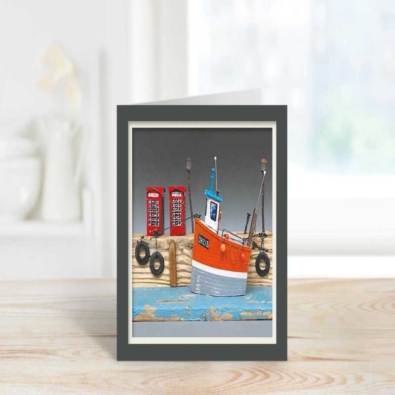 Harbourside - quayside fishing boat themed blank card - designed by Seth Draper - 15cm square and blank inside, made in the UK