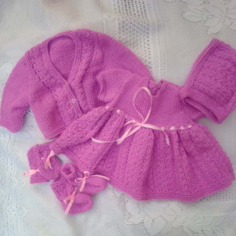 Hand Knitted 5 Piece Dress Set for a Baby Girl - Premature 2     - Chest 12 ins -  £22.50