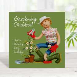 Gardening goddess birthday card for her - designed by Erica Sturla - 15cm square and blank inside, made in the UK