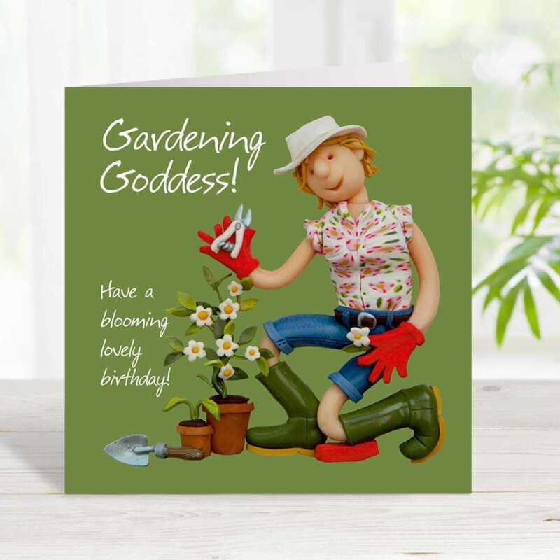Gardening goddess birthday card for her - designed by Erica Sturla - 15cm square and blank inside, made in the UK