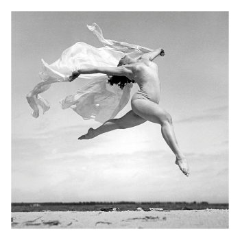 Holy Mackerel dancers leap retro black and white photographic card featuring a vintage image of dancing on the beach - 15cm square and blank inside