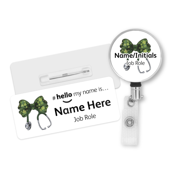 #hello my name is... Name Badge & Metal ID Reel - Shamrock Coquette Bow Ribbon