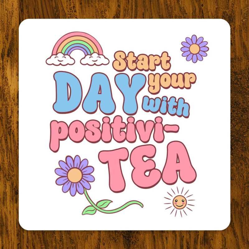Pastel Retro Coaster: Positivi-TEA, Rainbow, Daisy Design