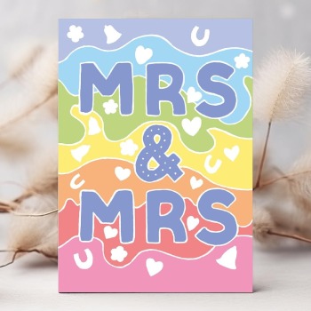 Mrs and Mrs, confetti themed lesbian wedding card with a gorgeous printed envelope - 12 x 17cm and blank inside - made in the UK