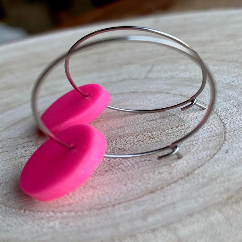 Fluorescent Pink Clay Hoop Earrings: Minimalist Festival Jewelry - fluorescent pink