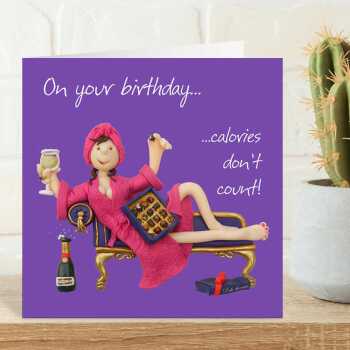 Calories don't count birthday card for her - designed by Erica Sturla - 15cm square and blank inside, made in the UK