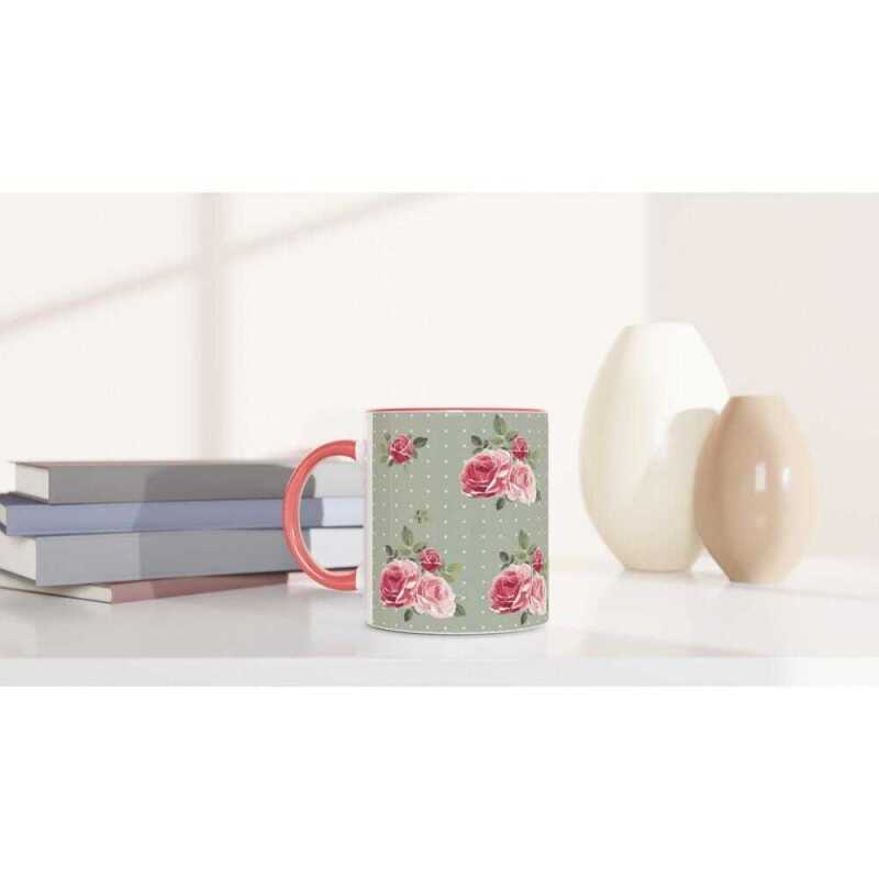 Pink Roses On Green Mug