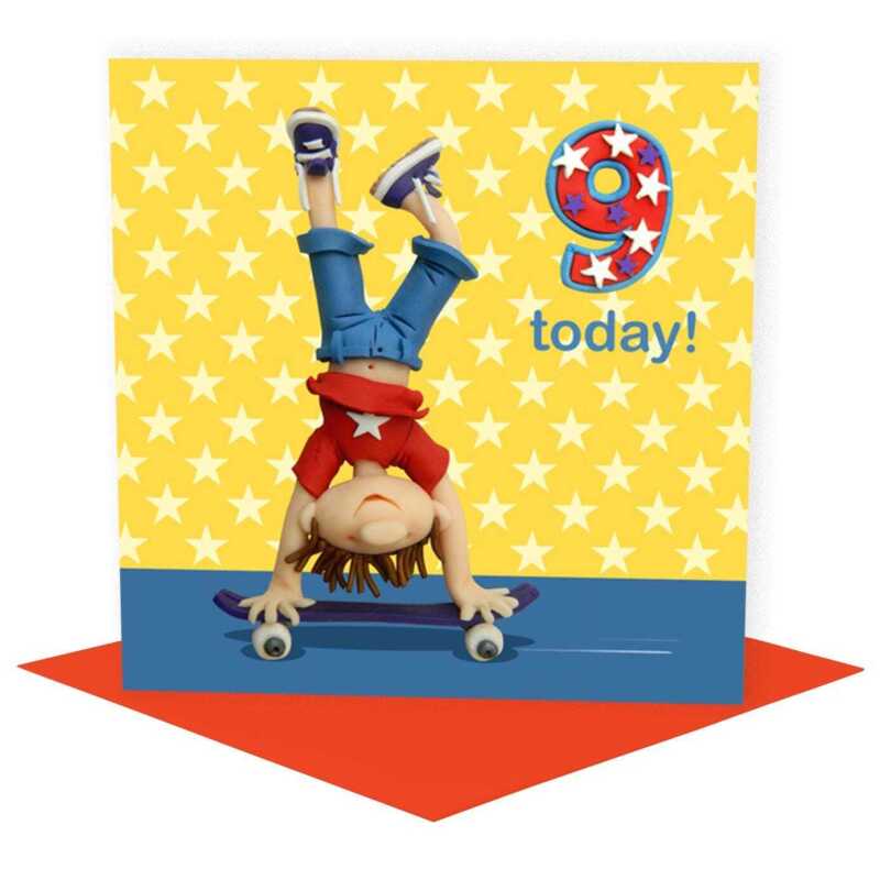 Birthday boy age 9 on a skateboard - child's age birthday - designed by Erica Sturla - 15cm square and blank inside, made in the UK