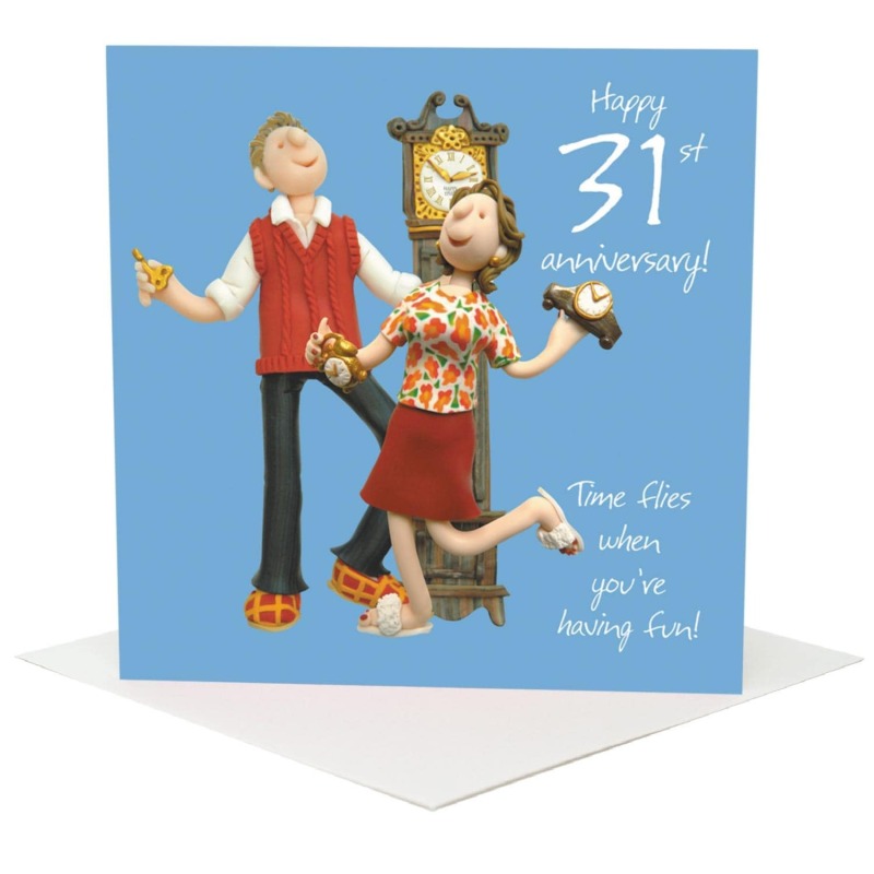 31st Anniversary Card - Time Flies - Polymer Clay Art by Erica Sturla - Funny Anniversary UK