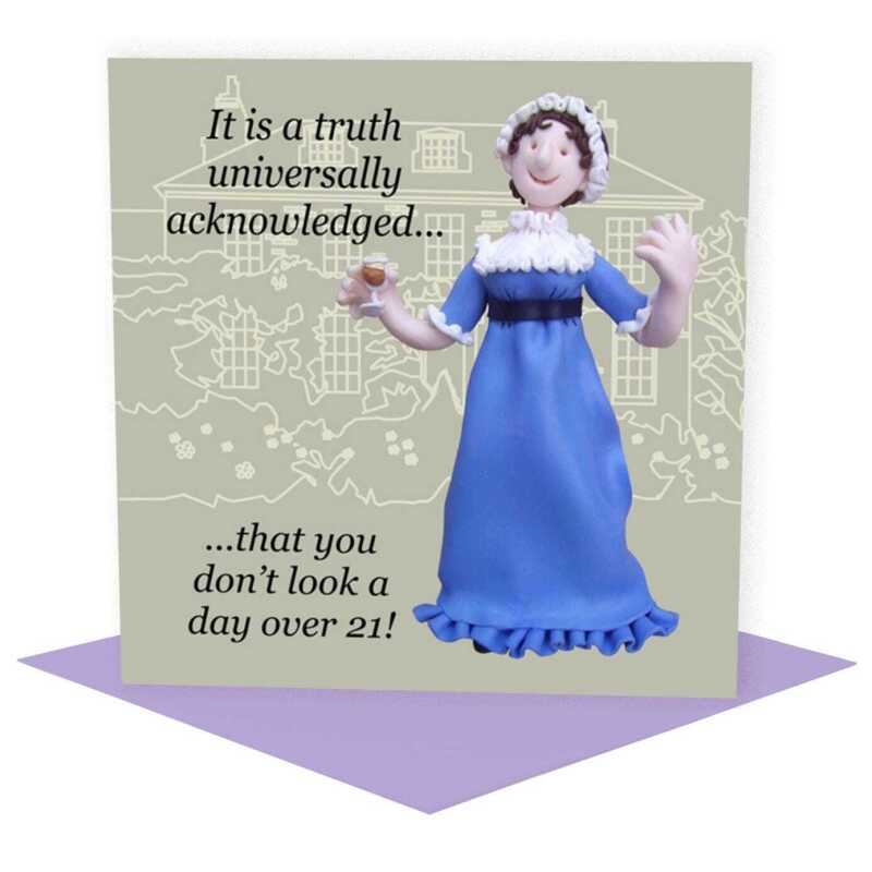 A truth universally acknowledged, Jane Austen themed birthday card - designed by Erica Sturla - 15cm square and blank inside, made in the UK