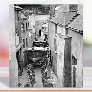 Boat being hauled through narrow street - vintage black and white themed card - 12.6 x 17.7cm and blank inside - made in the UK