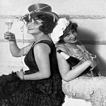 Holy Mackerel a little tipsy retro black and white photographic card featuring a vintage image of two friends with their champagne - 12.6 x 17.7cm and blank inside