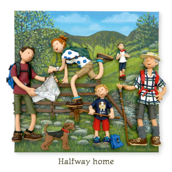 Holy Mackerel halfway home walking and rambling themed blank greeting card - designed by artist Erica Sturla - 15cm square and blank inside for your own message