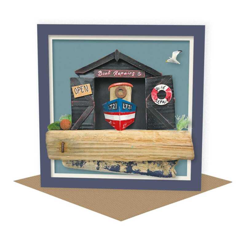 Boat repairs - seaside themed garage blank card - designed by Seth Draper - 15cm square and blank inside, made in the UK
