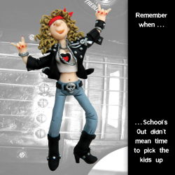 Holy Mackerel school's out birthday card featuring a rock chick - designed by artist Erica Sturla - 15cm square and blank inside for your message - made in the UK
