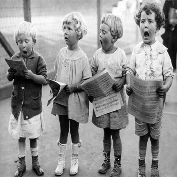 Holy Mackerel children singing retro black and white photographic card featuring a vintage image of a schoolyard choir - 12.6 x 17.7cm and blank inside