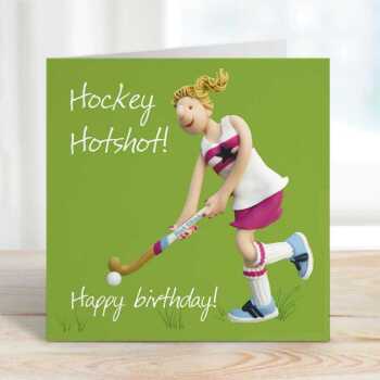 Hockey hotshot birthday card for her - designed by Erica Sturla - 15cm square and blank inside, made in the UK