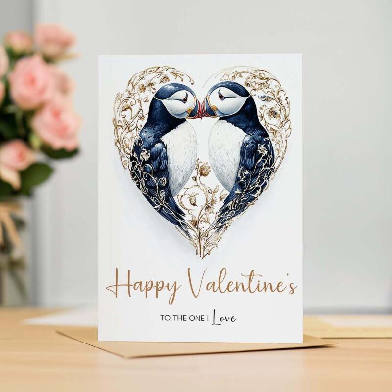Valentine's Day Card for Wife or Husband, The One I Love, Unique Puffin Heart Design, Special, Elegant - Portrait (5x7) / Blank Inside
