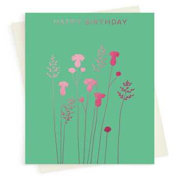 Happy birthday card with a pretty pink foil thistles and grass print - designed by artist Eloise Hall - 15.7 x 11cm and blank inside