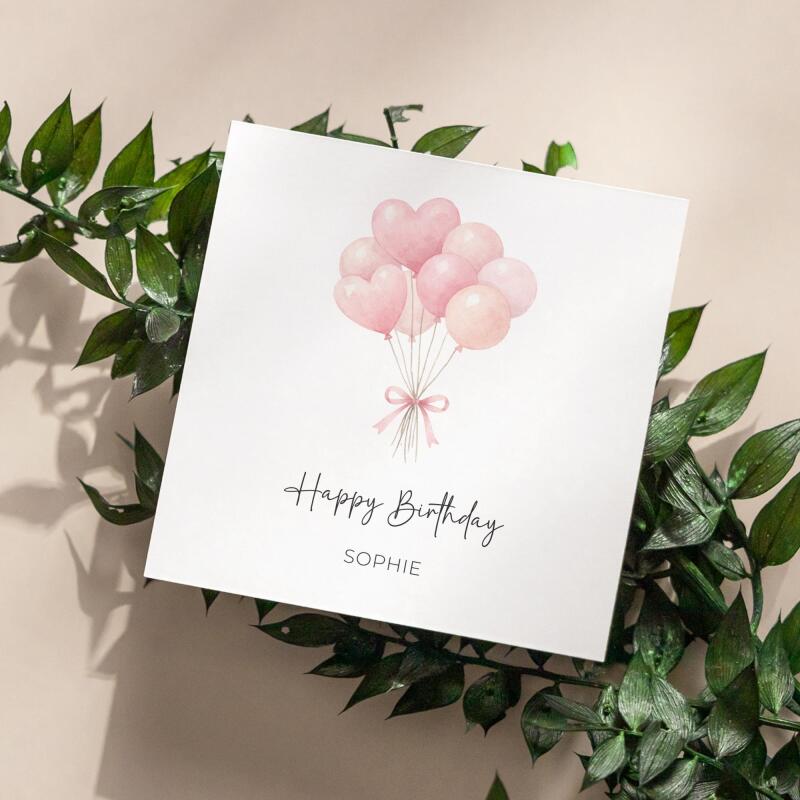Personalised Birthday Card Pink Heart Balloons Handmade Custom Name Greeting - Smooth No Message - Kraft Brown