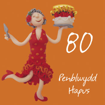 Penblwydd hapus, 80th female Welsh language age birthday card by Erica Sturla. Card is 15cm square and blank inside
