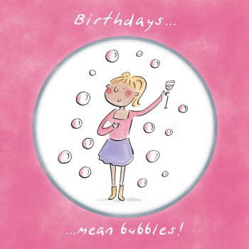 Holy Mackerel Birthdays mean bubbles, a 15cm square prosecco themed birthday card featuring Rosie Brooks artwork, blank inside for your message. For sister, friend, daughter, niece, mum etc.