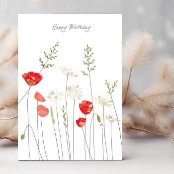 Poppies & daisies birthday card -  designed by Eloise Hall - 15.7 x 11cm and blank inside, made in the UK