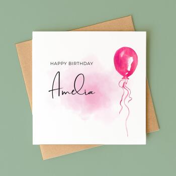 Pink balloon card personalised birthday design custom name script soft greeting