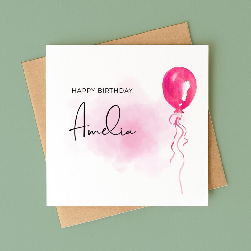 Pink balloon card personalised birthday design custom name script soft greeting - Smooth No Message - Kraft Brown