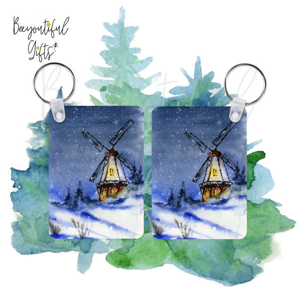 Christmas Key Ring - Watercolour Winter Windmill Landscape