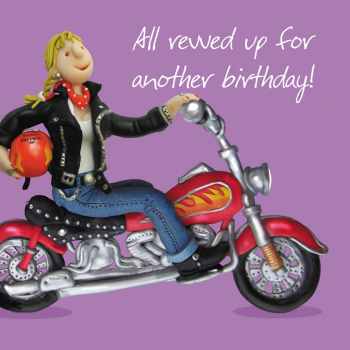 Holy Mackerel Revved up birthday, a biker themed Erica Sturla 15cm square female birthday card for mum, aunt, daughter, sister, niece, friend, blank inside for your message
