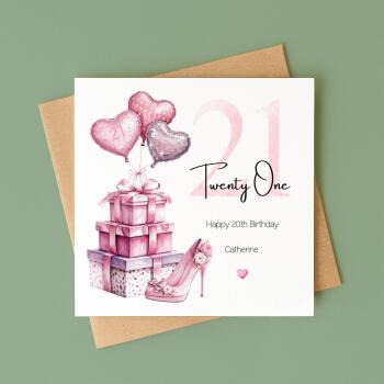 Personalised 21st Birthday Card for Her Pink Heels Balloons Gift Boxes Milestone Greeting Women