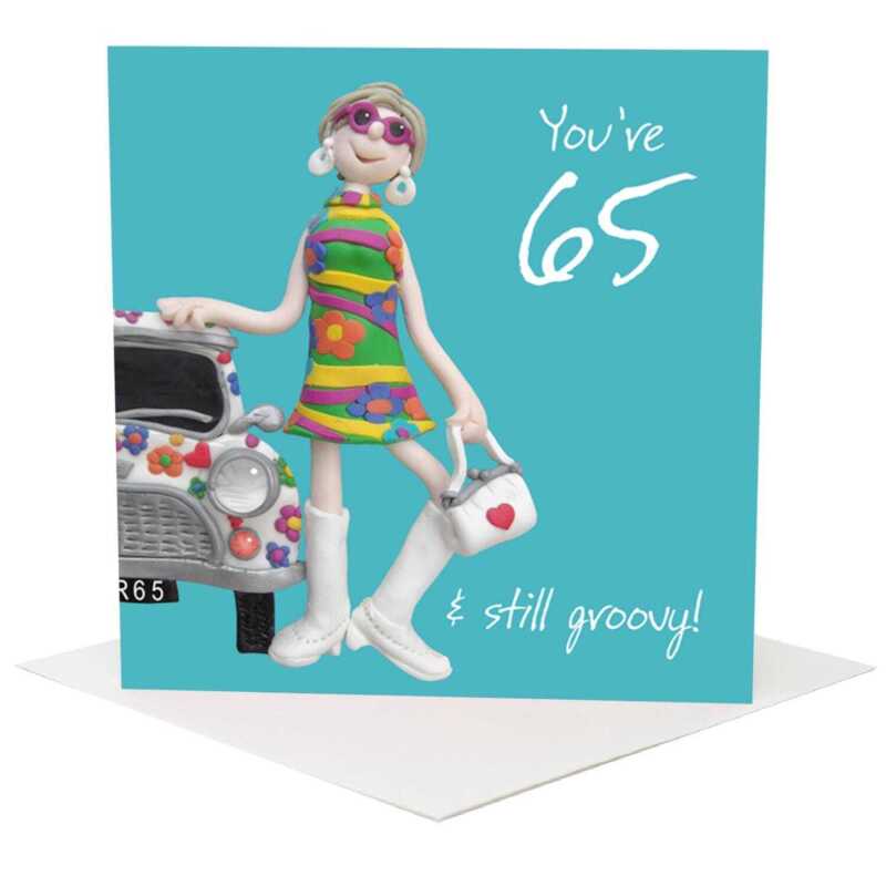 65th birthday card for her - designed by Erica Sturla - 15cm square and blank inside, made in the UK