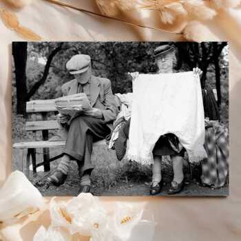 Big pants on bench - vintage black and white themed card featuring underwear in public - 12.6 x 17.7cm and blank inside - made in the UK