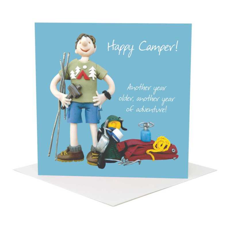 Happy camper male camping birthday card for him - designed by Erica Sturla - 15cm square and blank inside, made in the UK