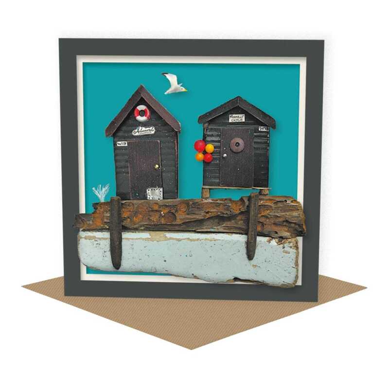 Moonlit catch - quayside beach hut themed blank card - designed by Seth Draper - 15cm square and blank inside, made in the UK
