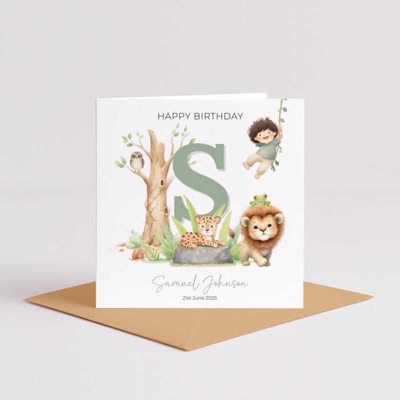 Personalised Jungle Birthday Card with Safari Animals & Child Name Custom Kids Greeting Handmade - Smooth No Message - Kraft Brown